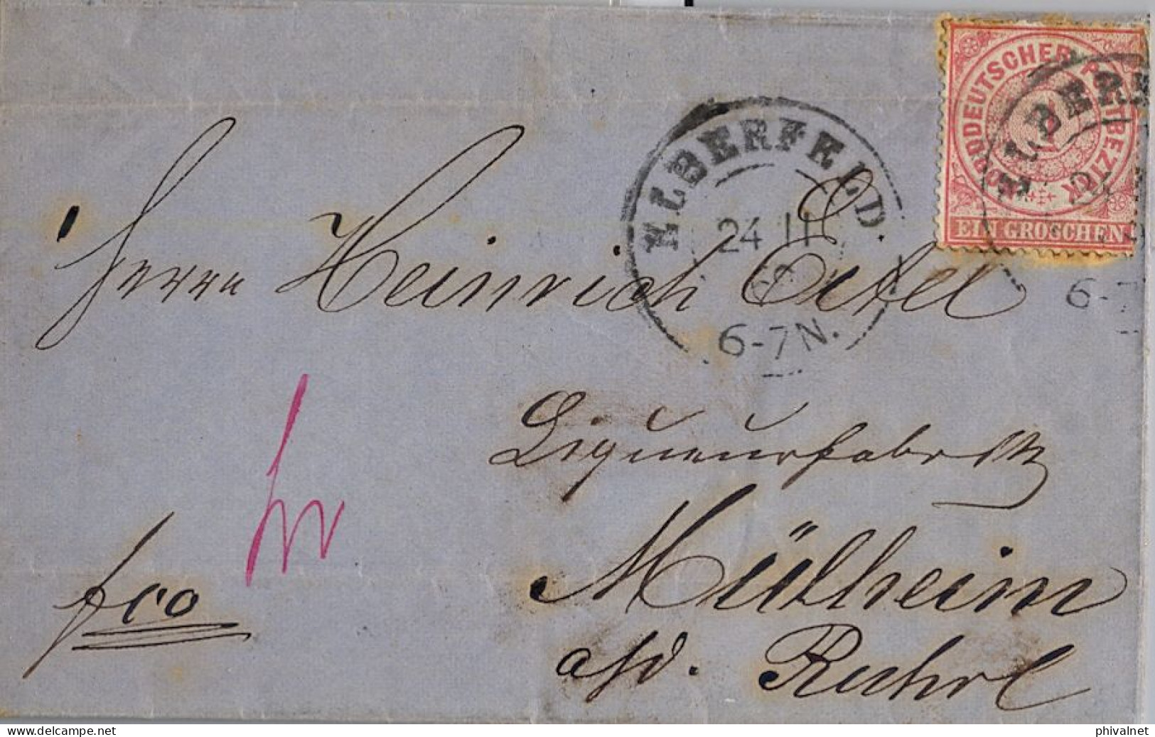 1869 NORDDEUTSCHER , ALBERFELD - MÜLHEIM , CARTA CIRCULADA , FECHADOR DE LLEGADA  AL DORSO - Cartas & Documentos