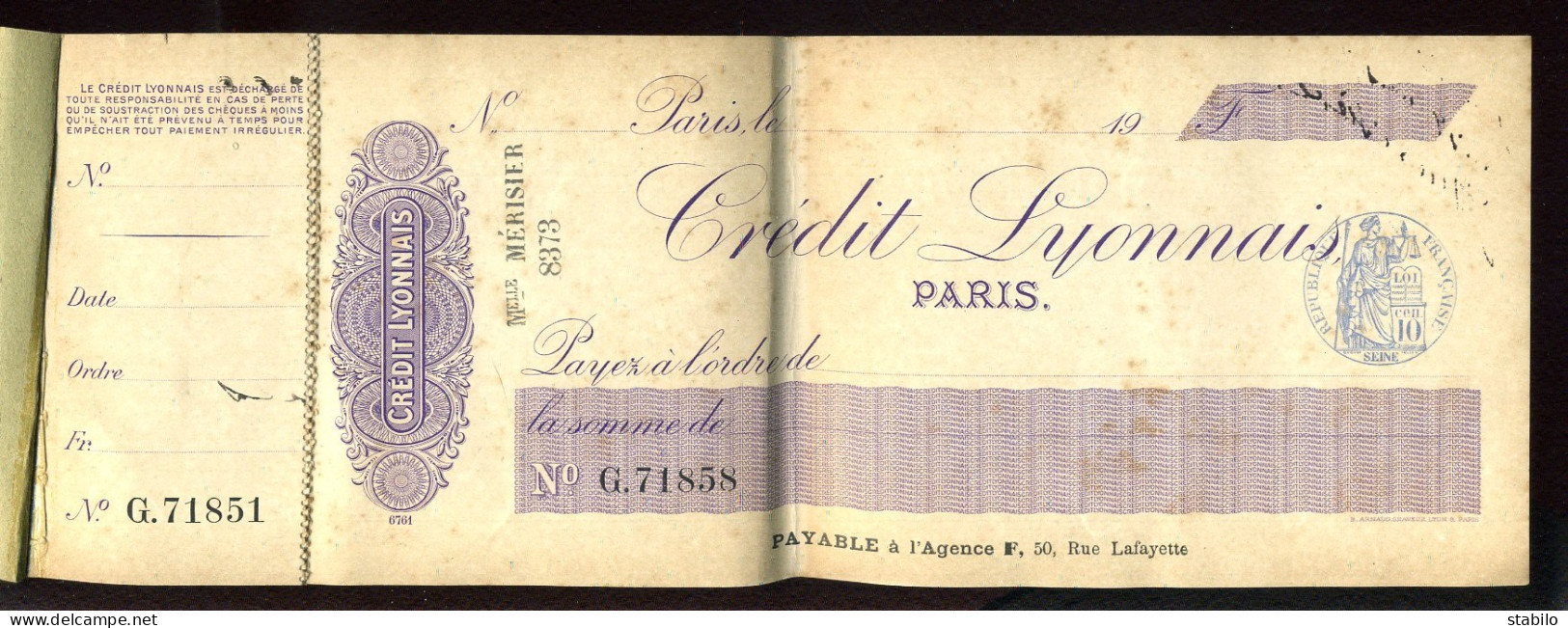 CARNET DE CHEQUES  - BANQUE CREDIT LYONNAIS - FORMAT 29 X 10.5 CM - Assegni & Assegni Di Viaggio