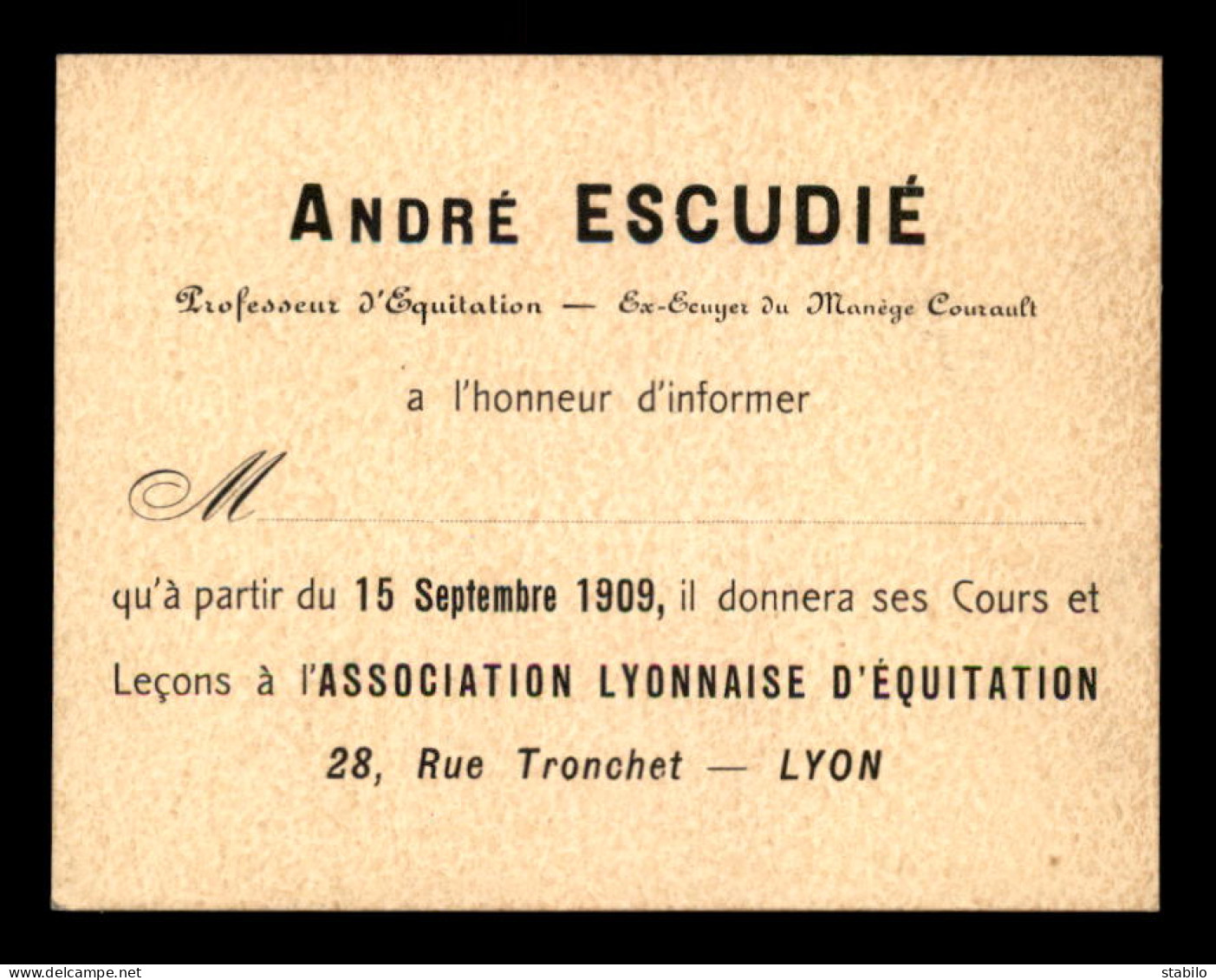 ANDRE ESCUDIE, PROFESSEUR D'EQUITATION ASSOCIATION LYONNAISE D'EQUITATION, 28 RUE TRONCHET A LYON - FORMAT 10 X 8 CM - Other & Unclassified