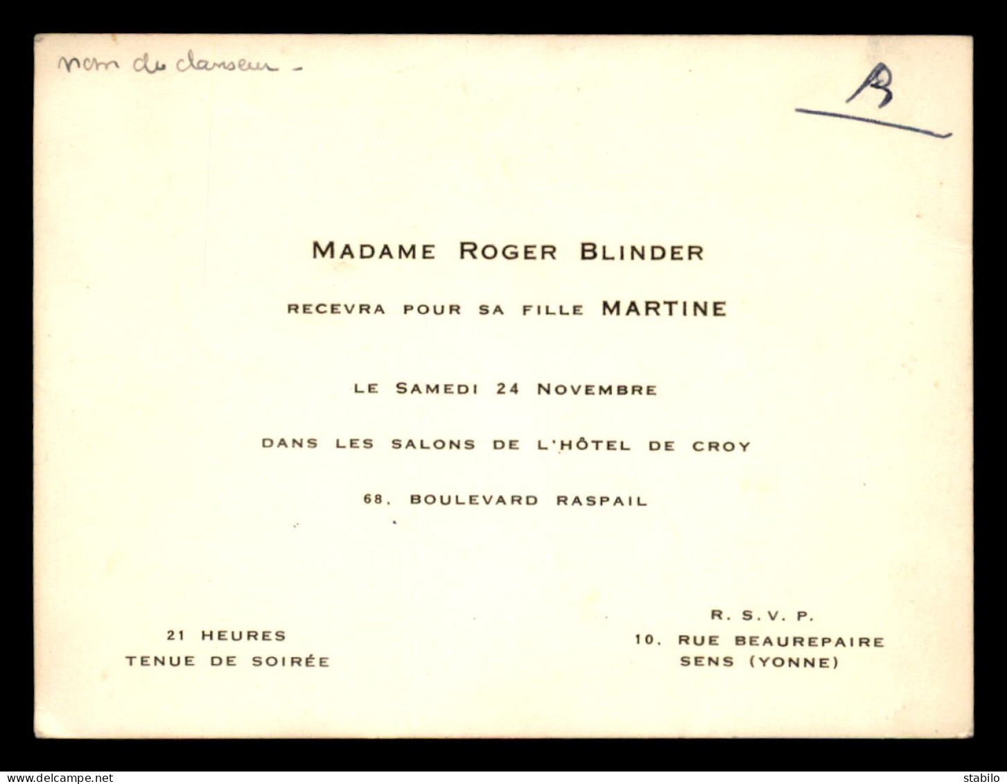 FAIRE-PART - MME ROGER BLINDER, 10 RUE BEAUREPAIRE, SENS (YONNE) - FORMAT 14 X 10.5 CM - Andere & Zonder Classificatie