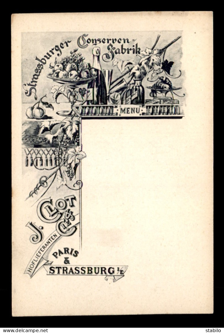 MENU - J. CLOT & CIE, CONSERVES, STRASBOURG - VUE DE SELESTAT AU VERSO - FORMAT 9 X 14 CM - Menu