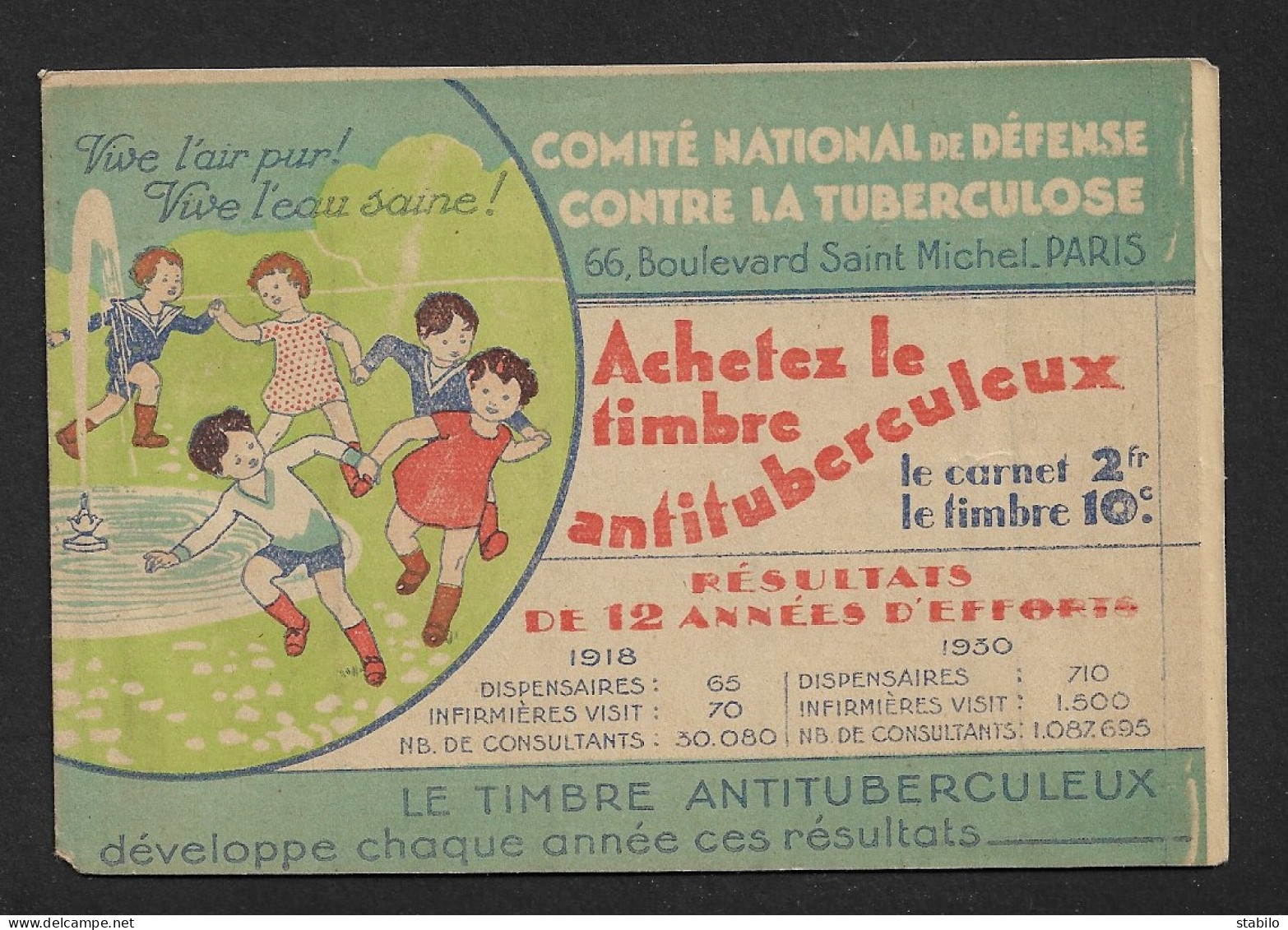 CARNET DE VIGNETTES - COMITE DE DEFENSE CONTRE LA TUBERCULOSE 1930 - FORMAT PLIE 13 X 9 CM - Cinderellas