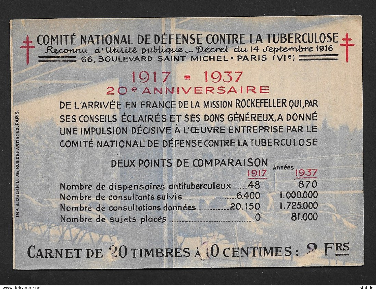 CARNET DE VIGNETTES - COMITE DE DEFENSE CONTRE LA TUBERCULOSE 1937 - FORMAT PLIE 13 X 9 CM - Cinderellas