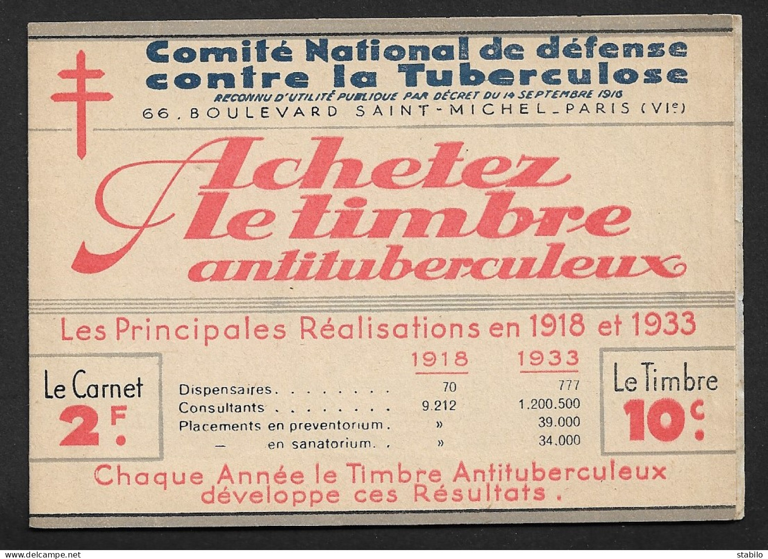 CARNET DE VIGNETTES - COMITE DE DEFENSE CONTRE LA TUBERCULOSE 1933 - FORMAT PLIE 13 X 9 CM - VIGNETTES COLLEES - Cinderellas