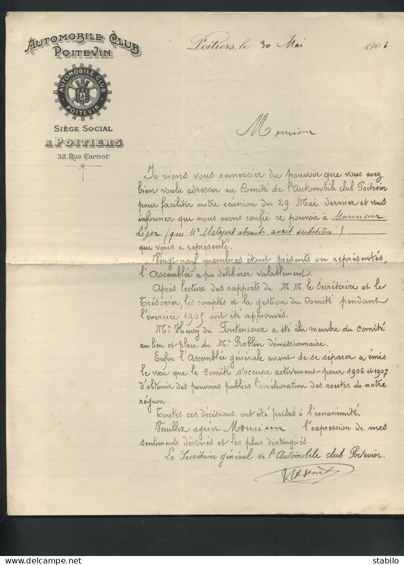 AUTOMOBILE CLUB POITEVIN, 32 RUE CARNOT POITIERS (VIENNE) - COURRIER DU 30 MAI 1906 - Automobile