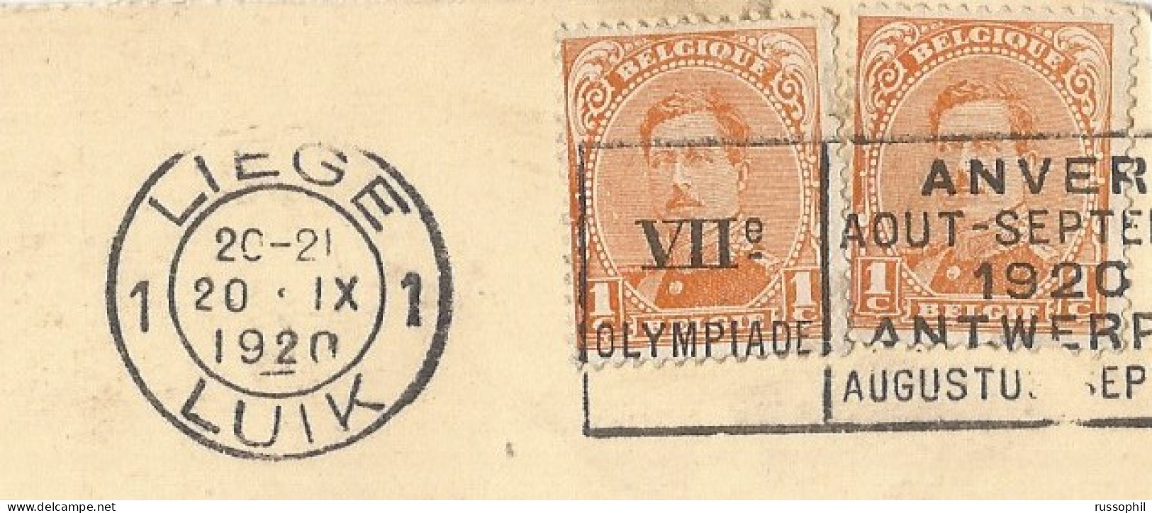 BELGIUM - DUPLEX  "VIIe OLYMPIADE LIEGE LUIK 1" ON FRANKED PC (VIEW OF LIEGE) TO ANTWERPEN - 1920 - Verano 1920: Amberes (Anvers)