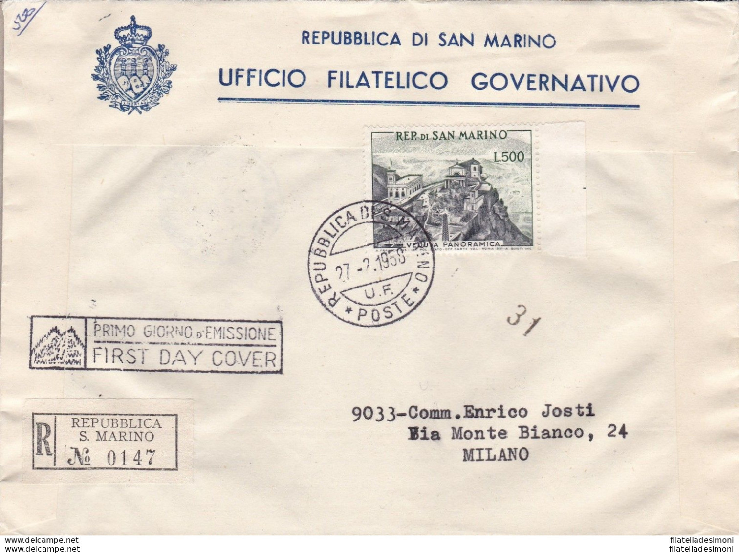 1952 SAN MARINO - N° 475 Panorama 500 Lire  Su BUSTA PRIMO GIORNO - Otros & Sin Clasificación