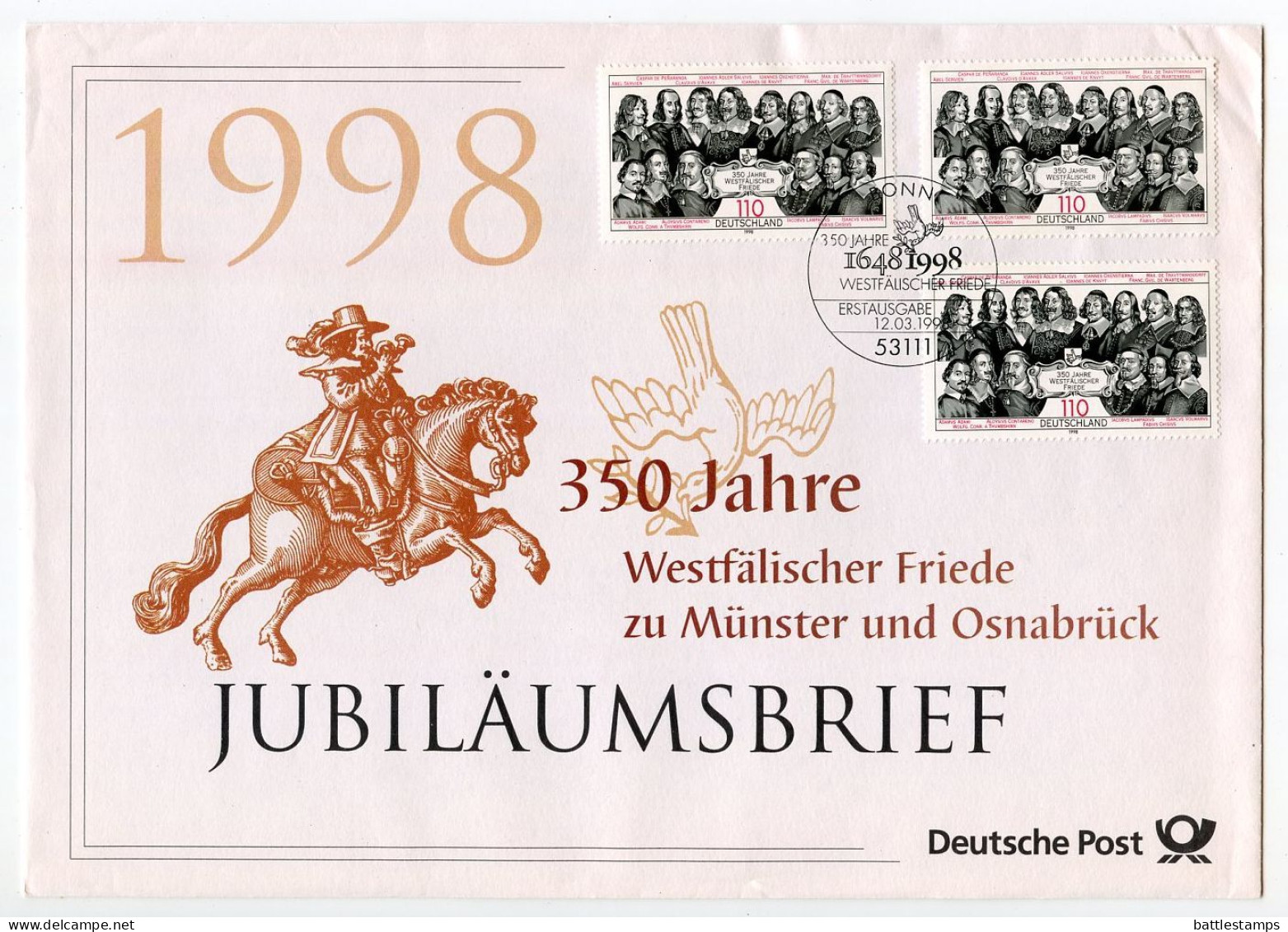 Germany 1998 FDC Folder & Postcard Scott 1993 - Peace Of Westphalia, End Of 30 Years War 350th Anniversary - 1991-2000