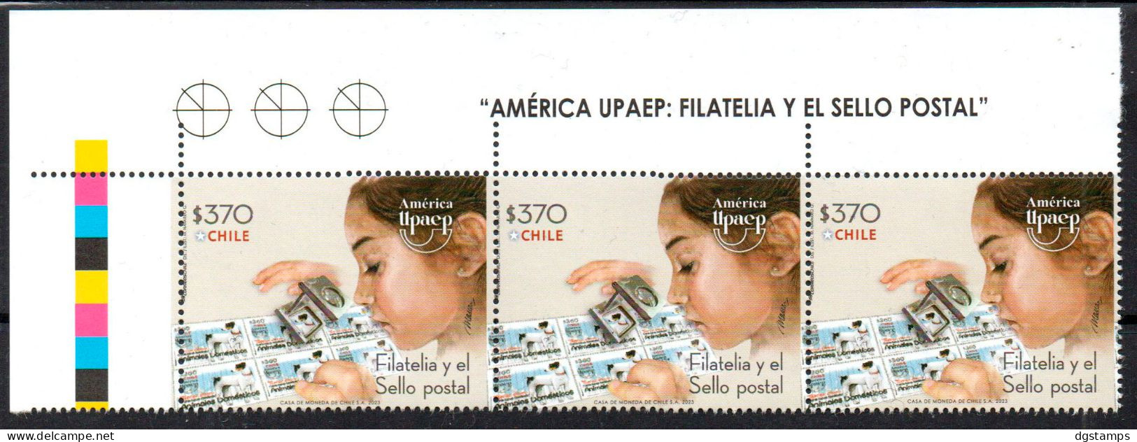 Chile 2023 ** America UPAEP: Philately And The Postage Stamp. Strip Of 3 With Title. Stamp On Stamp. Dog. - Chili