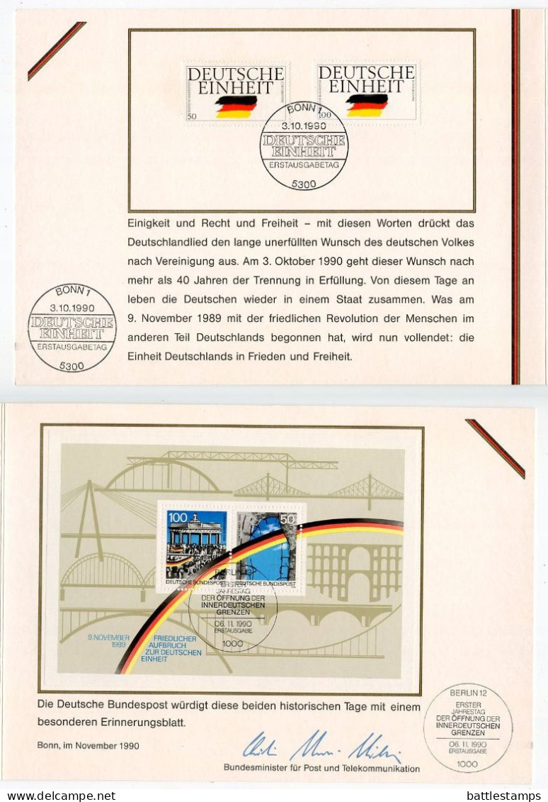 Germany 1990 FDC Folder Scott 1612-1613 & 1619 S/S - German Reunification & Opening Of The Berlin Wall 1st Anniversary - 1981-1990