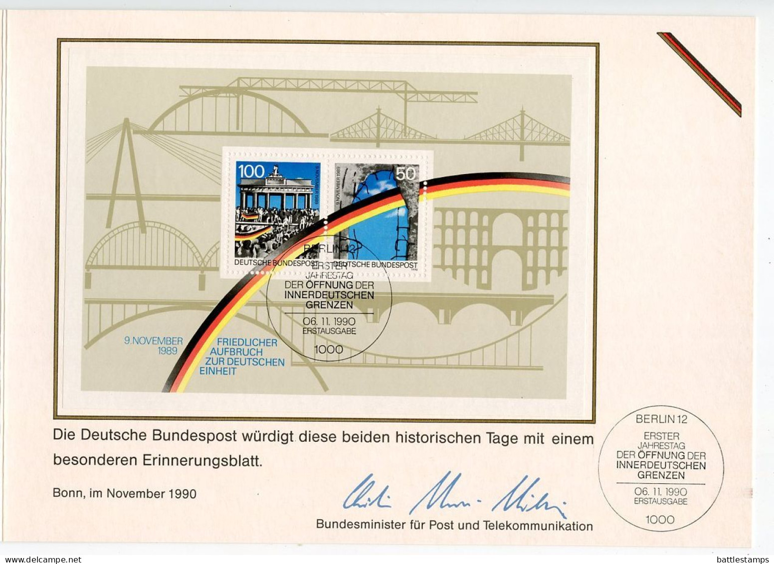 Germany 1990 FDC Folder Scott 1612-1613 & 1619 S/S - German Reunification & Opening Of The Berlin Wall 1st Anniversary - 1981-1990