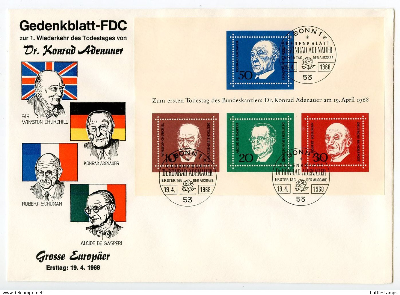 Germany, West 1968 FDC Scott 982 S/S - Konrad Adenauer, Winston Churchill, Alcide De Gasperi, Robert Schuman - 1961-1970