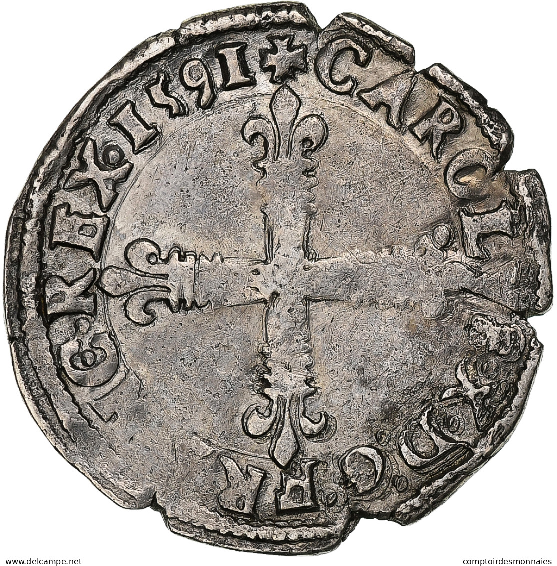 France, Charles X, 1/8 Ecu, 1591, Nantes, Argent, TB+, Gadoury:519 - 1589-1610 Henri IV Le Vert-Galant