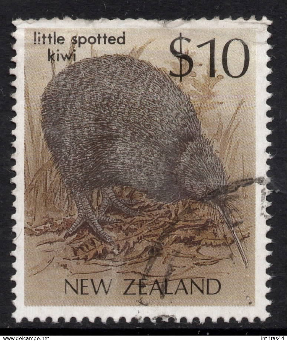 NEW ZEALAND 1985-89 BIRDS $10.00 BROWN LITTLE SPOTTED KIWI STAMP VFU - Gebraucht