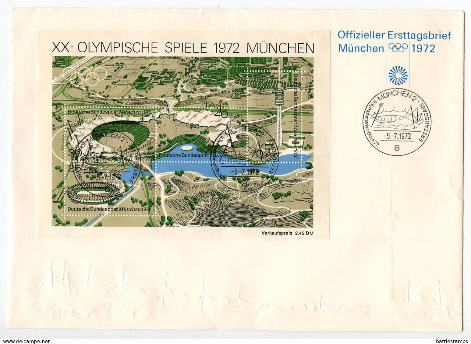Germany, West 1972 FDC Scott B489 S/S - 20th Olympic Games In Munich, Map Of Olympic Site - 1971-1980