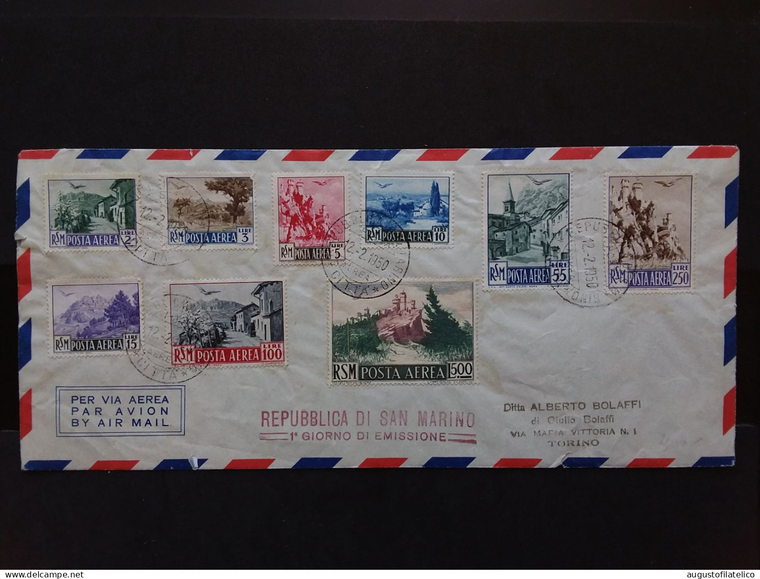 SAN MARINO 1950 - Posta Aerea - Vedute - Serie Su Busta Con Annullo 1° Giorno + Spese Postali - Luftpost