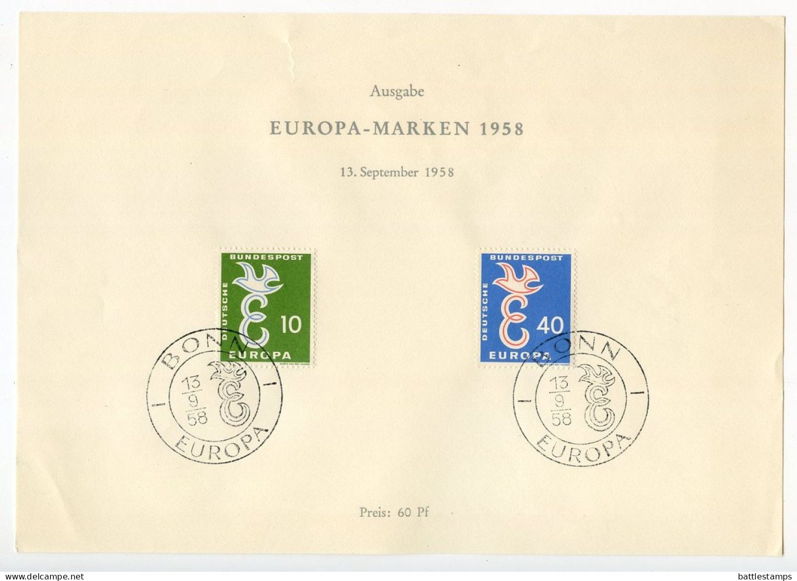 Germany, West 1958 FDC Souvenir Sheet Scott 790-791 - Europa - 1948-1960