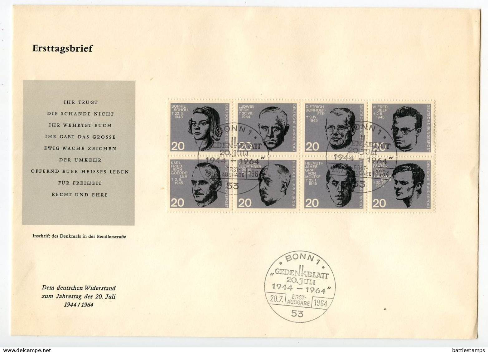 Germany, West 1964 FDC Scott 883-890 Block Of 8 - German Resistance To The Nazis - 1961-1970