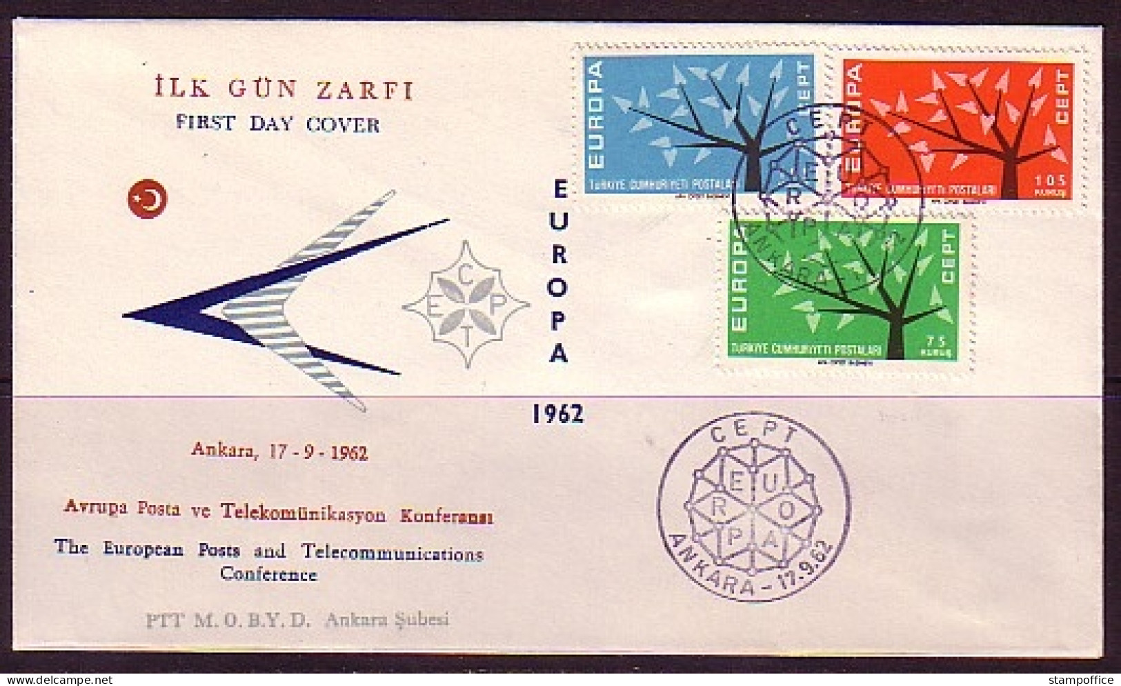 TÜRKEI MI-NR. 1843-1845 FDC EUROPA CEPT 1962 BAUM - 1962