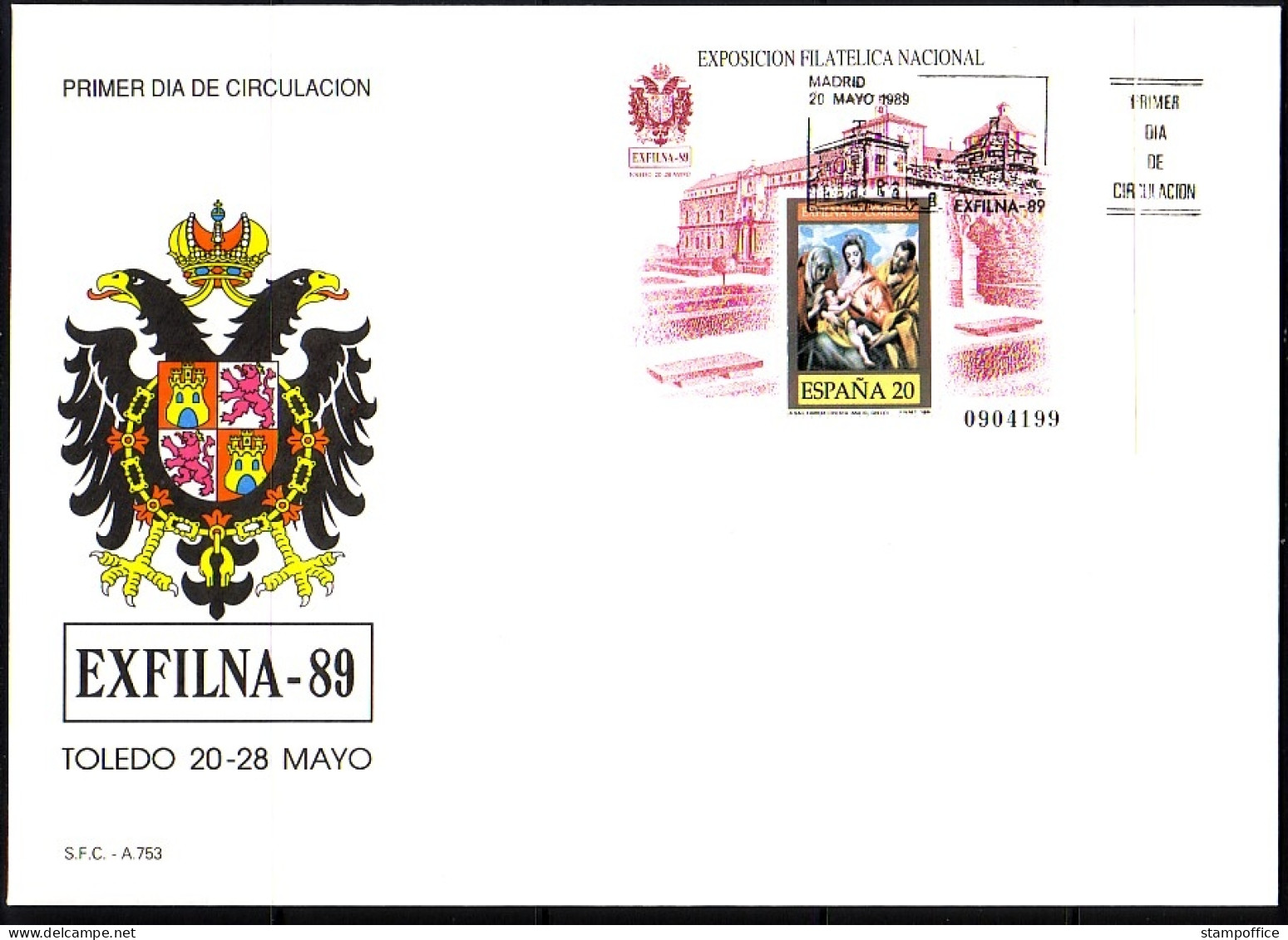 SPANIEN BLOCK 34 FDC EXFILNA '89 TOLEDO GEMÄLDE VON EL GRECO - Blocs & Feuillets