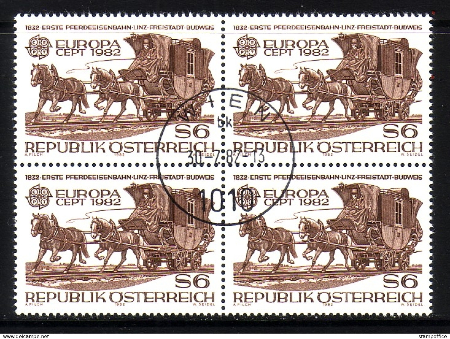 ÖSTERREICH MI-NR. 1713 O 4er BLOCK EUROPA 1982 ERSTE PFERDEEISENBAHN - 1982