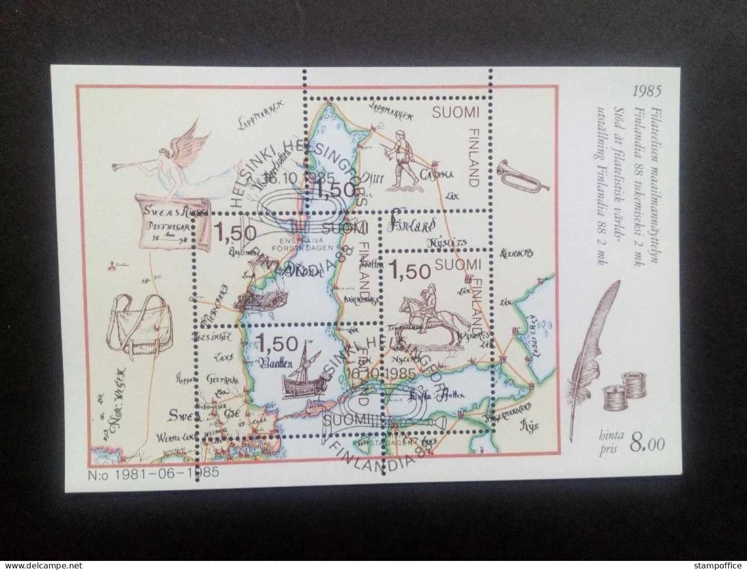 FINNLAND BLOCK 1 GESTEMPELT(USED) FINLANDIA 88 POSTROUTENKARTE - SCHIFFE - PFERD - Blokken & Velletjes