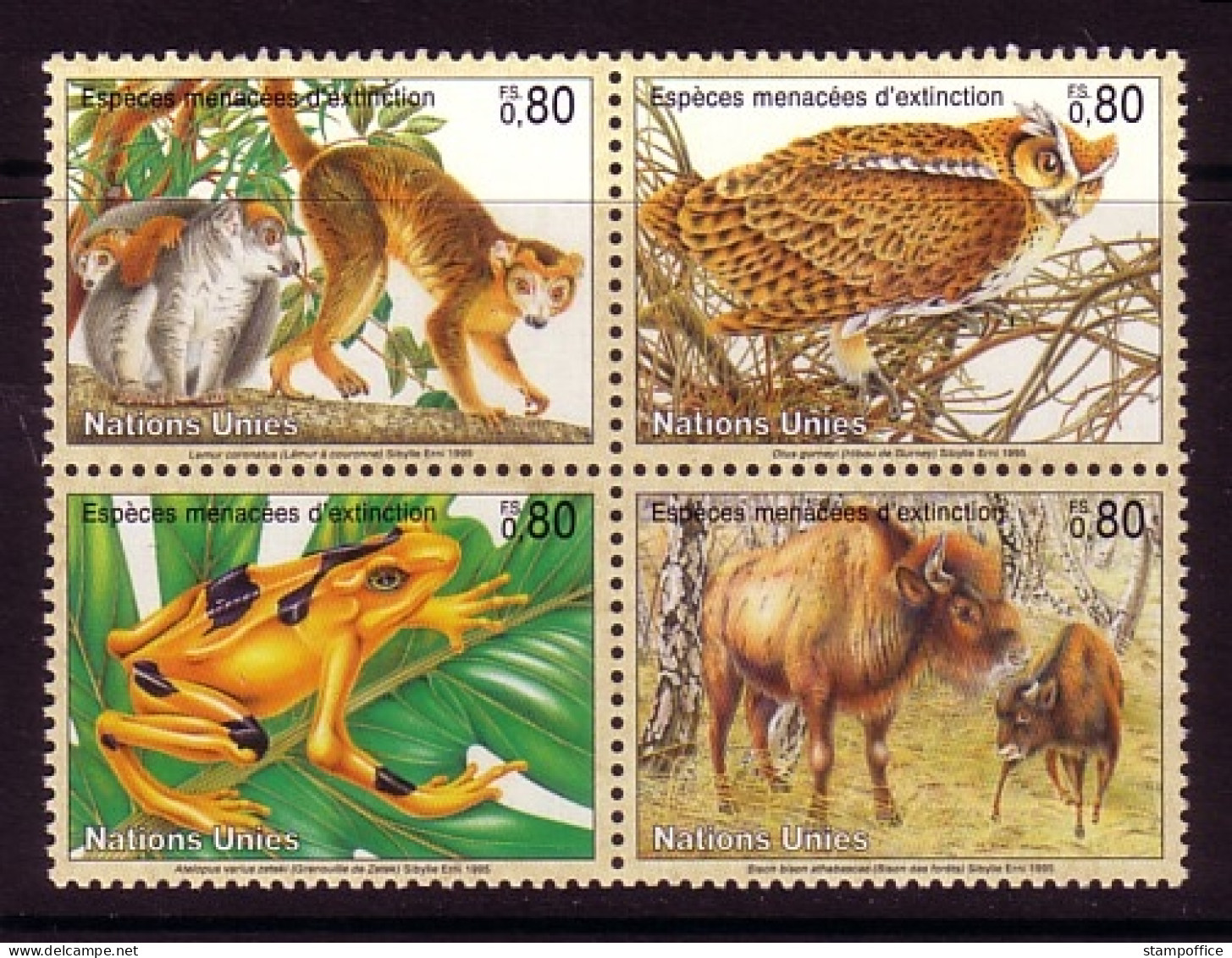 UNO GENF MI-NR. 263-266 POSTFRISCH(MINT) GEFÄHRDETE ARTEN 1995 MAKI EULE FROSCH BISON - Owls