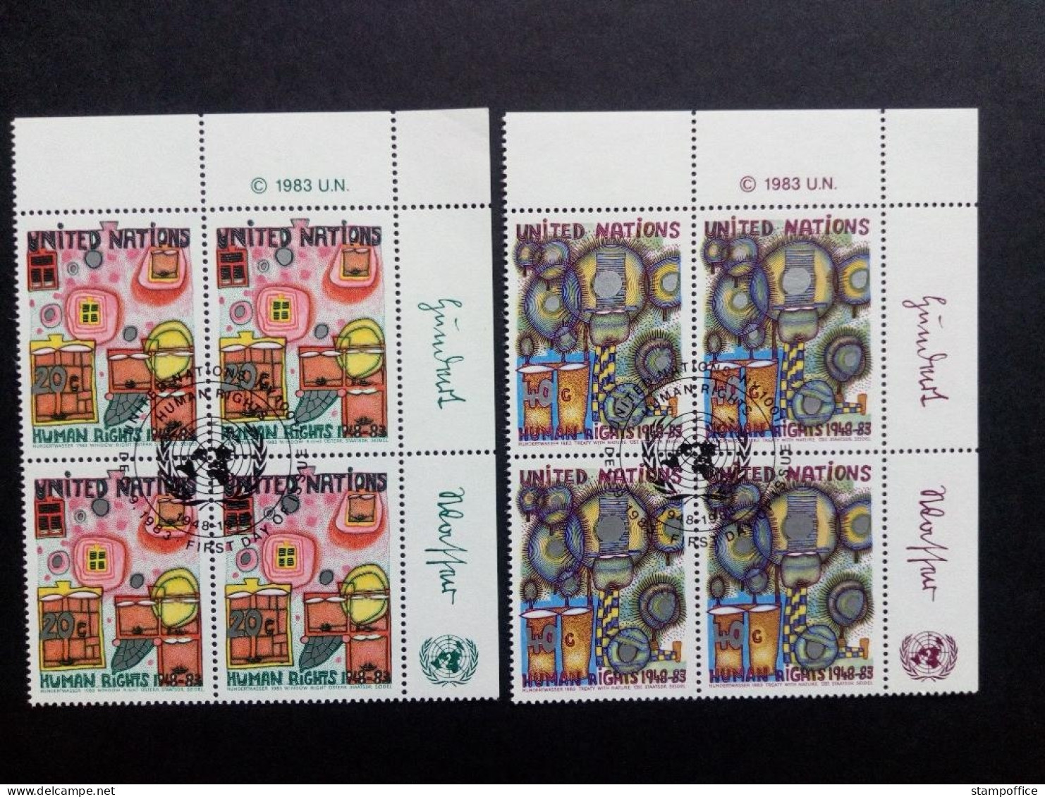 UNO NEW YORK MI-NR. 438-439 GESTEMPELT(USED) 4er BLOCK HUNDERTWASSER 1983 - Oblitérés