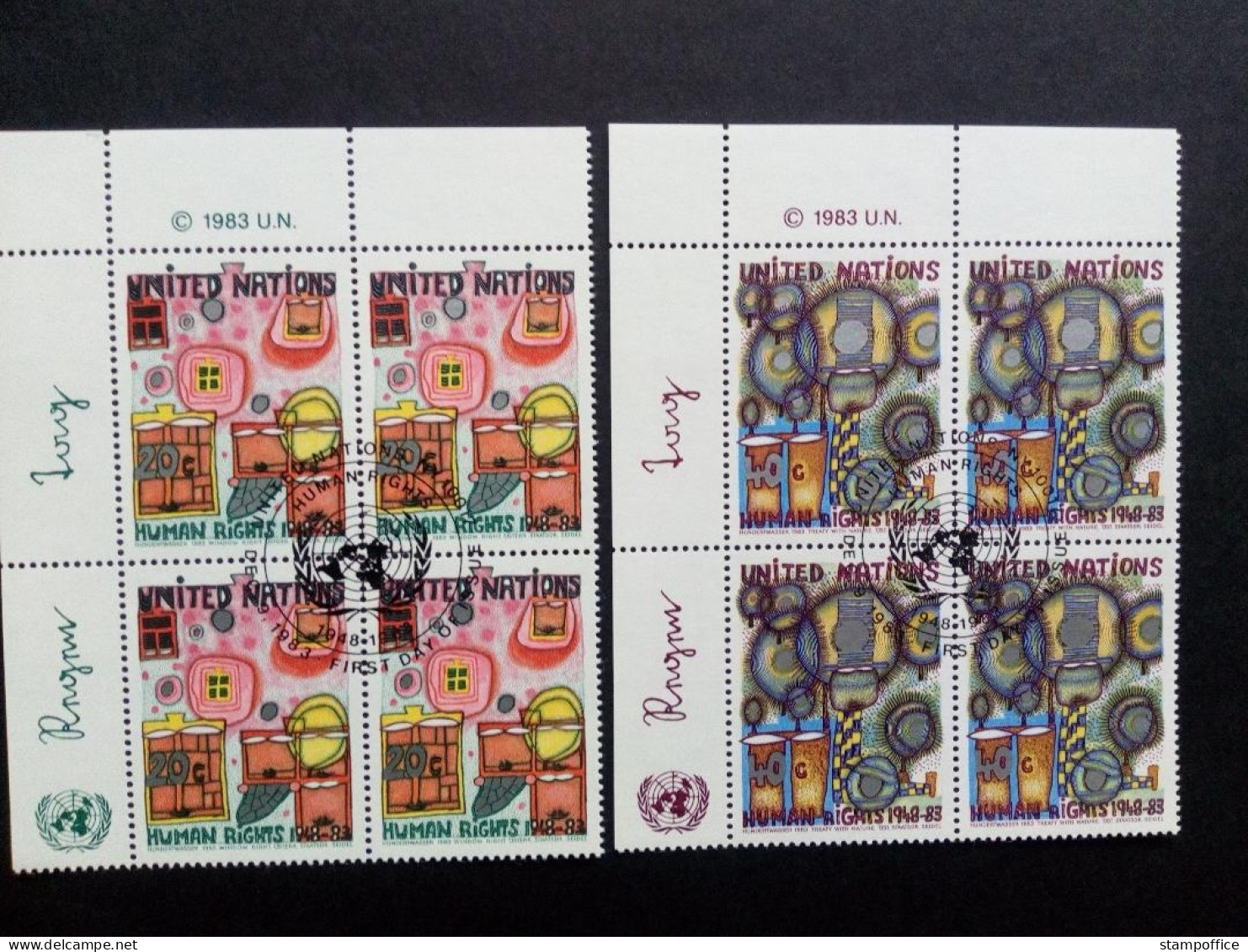 UNO NEW YORK MI-NR. 438-439 GESTEMPELT(USED) 4er BLOCK HUNDERTWASSER 1983 - Used Stamps