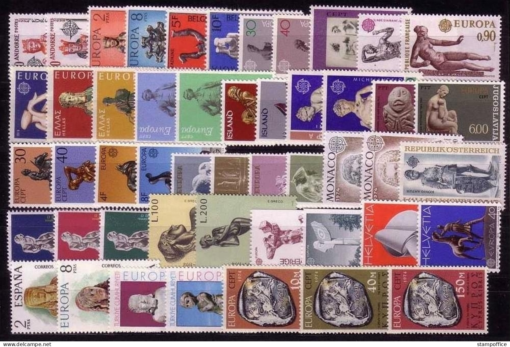 EUROPA CEPT JAHRGANG 1974 POSTFRISCH(MINT) 49 WERTE MIT BLOCK SKULPTUREN - 1974