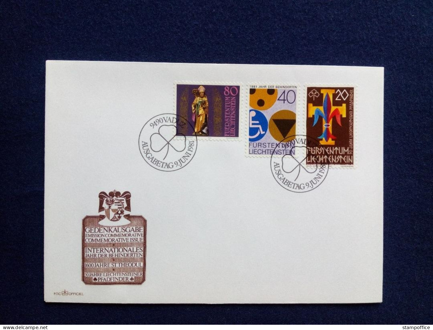 LIECHTENSTEIN MI-NR. 775 KOMBI-FDC ST. THEODUL PFADFINDER JAHR DER BEHINDERTEN 1981 - FDC