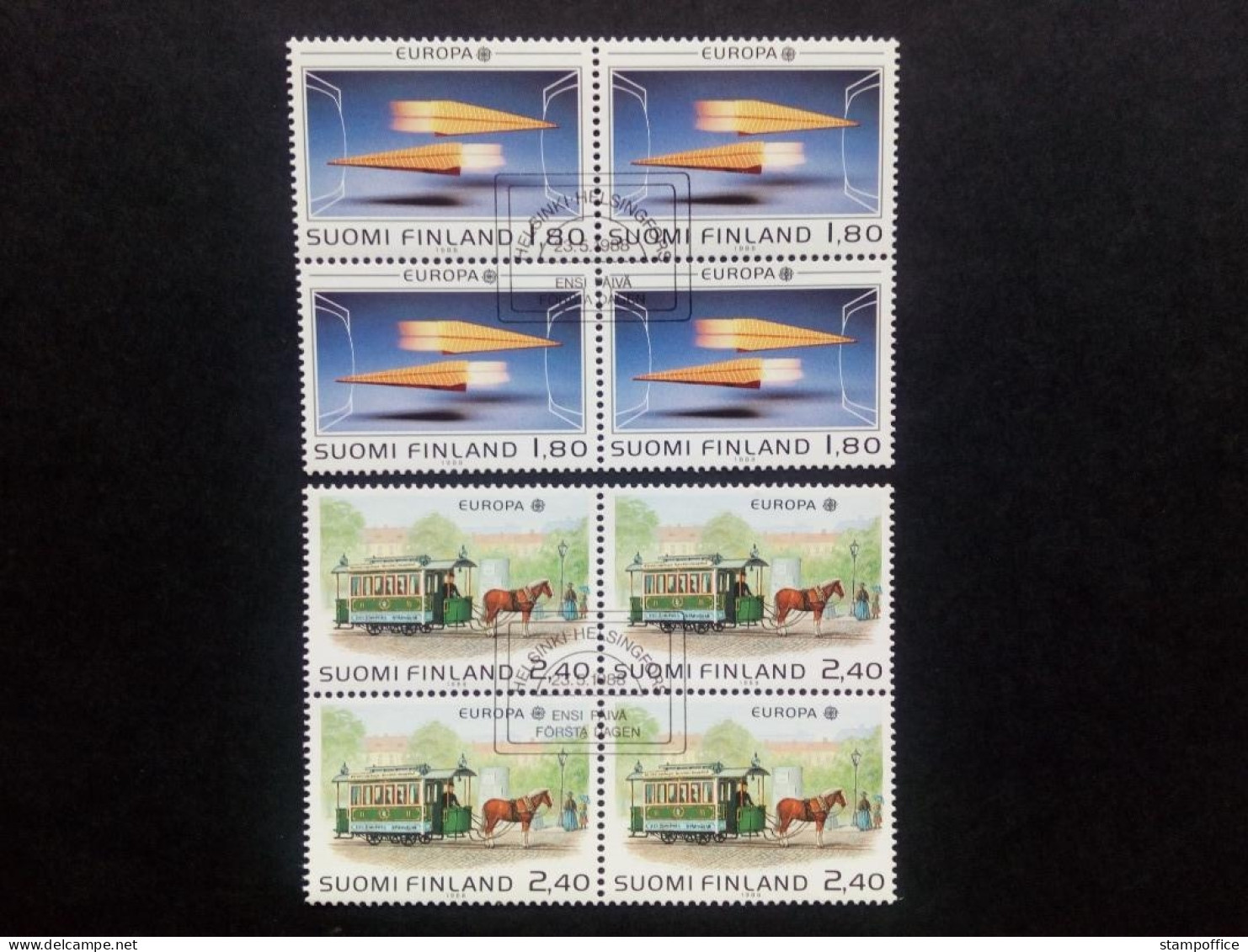 FINNLAND MI-NR. 1051-1052 GESTEMPELT(USED) 4er BLOCK EUROPA 1988 TRANSPORTMITTEL PFERDE-STRASSENBAHN - 1988