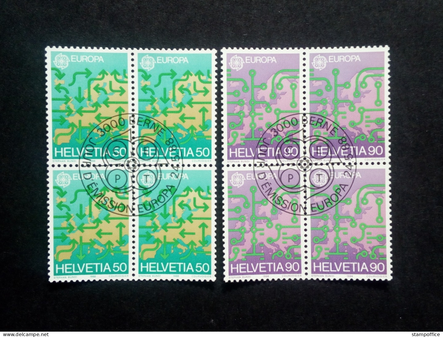 SCHWEIZ MI-NR. 1370-1371 GESTEMPELT(USED) EUROPA 1988 4er BLOCK TRANSPORTMITTEL LANDKARTE - Used Stamps