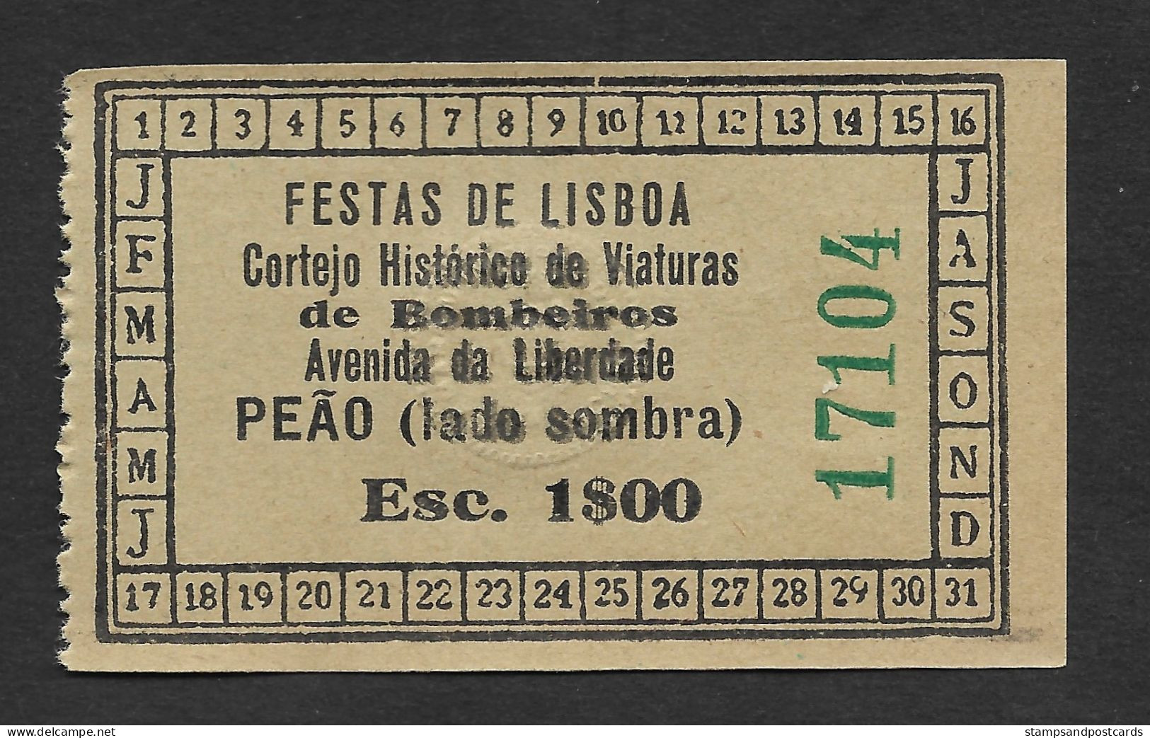 Ticket Cortège Historique Voitures Pompiers Fêtes Lisbonne Portugal 1934 Firefighters Historical Parade Festas De Lisboa - Tickets D'entrée