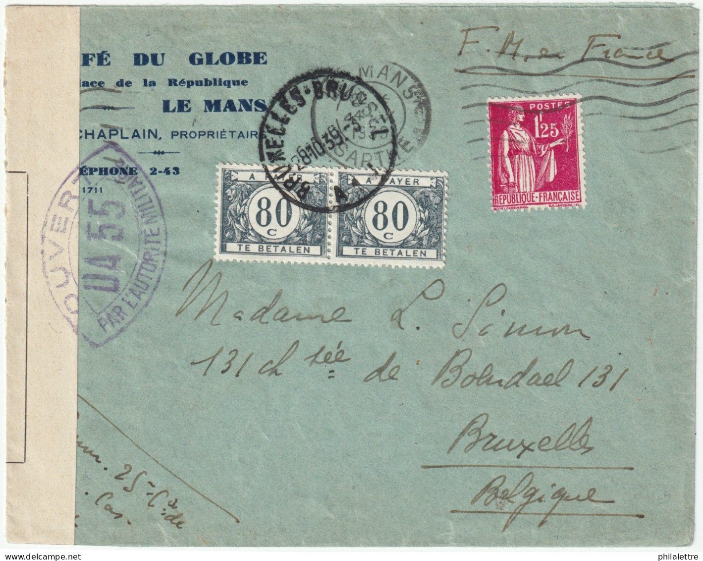 FRANCE - 1939 LSC Du MANS à BRUXELLES "FM En FRANCE" Sous Affranchie Et Taxée En Belgique Avec Censure DA 55 (du Mans) - 1859-1959 Lettres & Documents