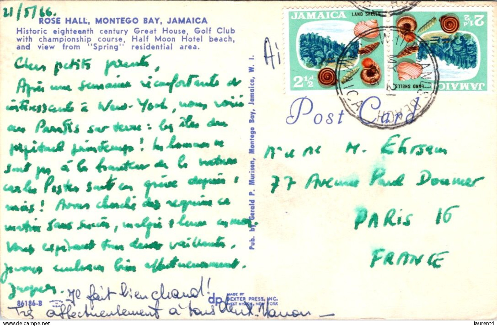 7-4-2024 (1 Z 16) Jamaica (posted To France 1966) Rose Hill - Montego Bay (with 2 Seashell Stamps) - Jamaica