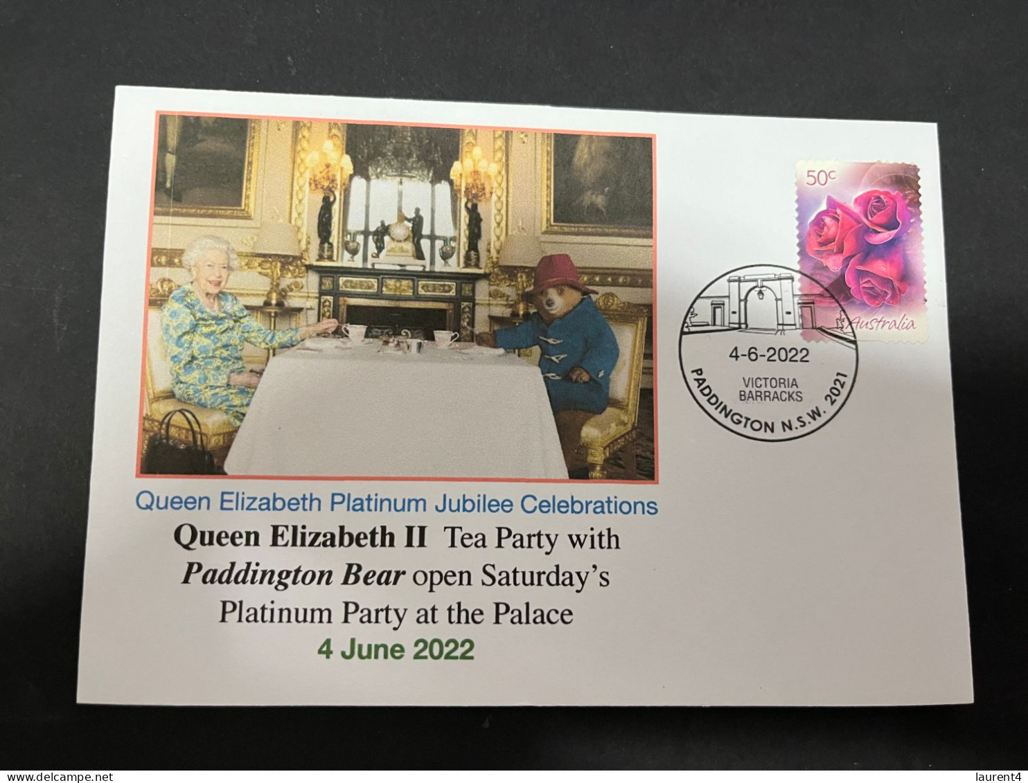 7-4-2024 (1 Z 17) Queen Elizabeth II Tea Party With Paddington Bear (4 June 2022) Rose Stamp - Königshäuser