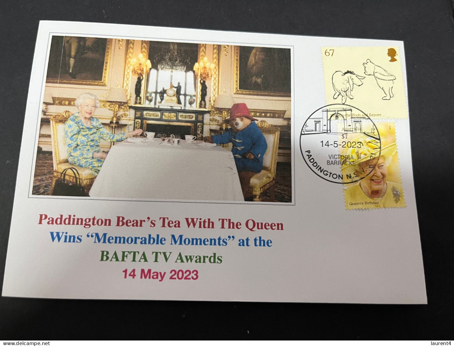 7-4-2024 (1 Z 17) Queen Elizabeth II Tea Party With Paddington Bear BAFTA Awards (14 May 2023) Paddington Bear Stamp - Königshäuser