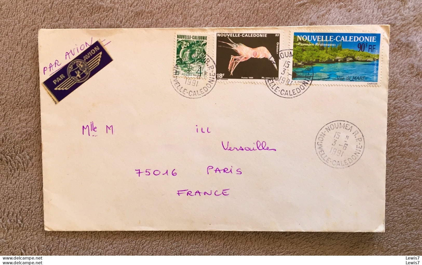Enveloppe + Timbres Oblitères "Paysage, Cagou, Crevette" - De Noumea A Paris - Lettres & Documents