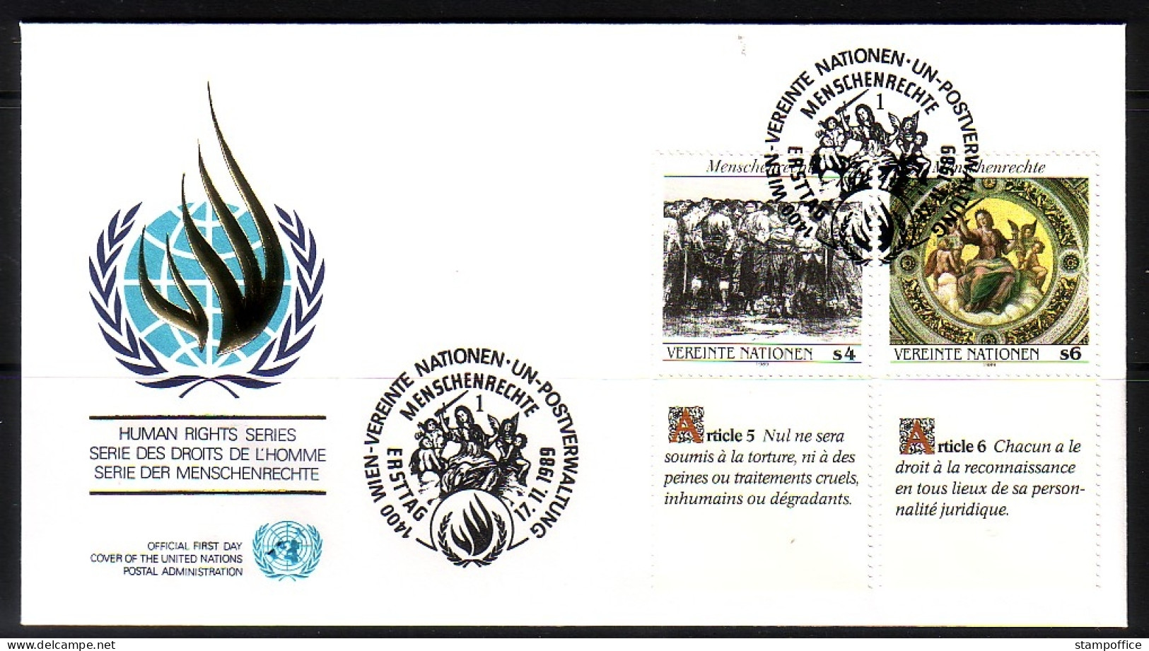 UNO WIEN MI-NR. 96-97 FDC MENSCHENRECHTE KÄTHE KOLLWITZ RAFFAEL TEXT FRANZÖSISCH - FDC