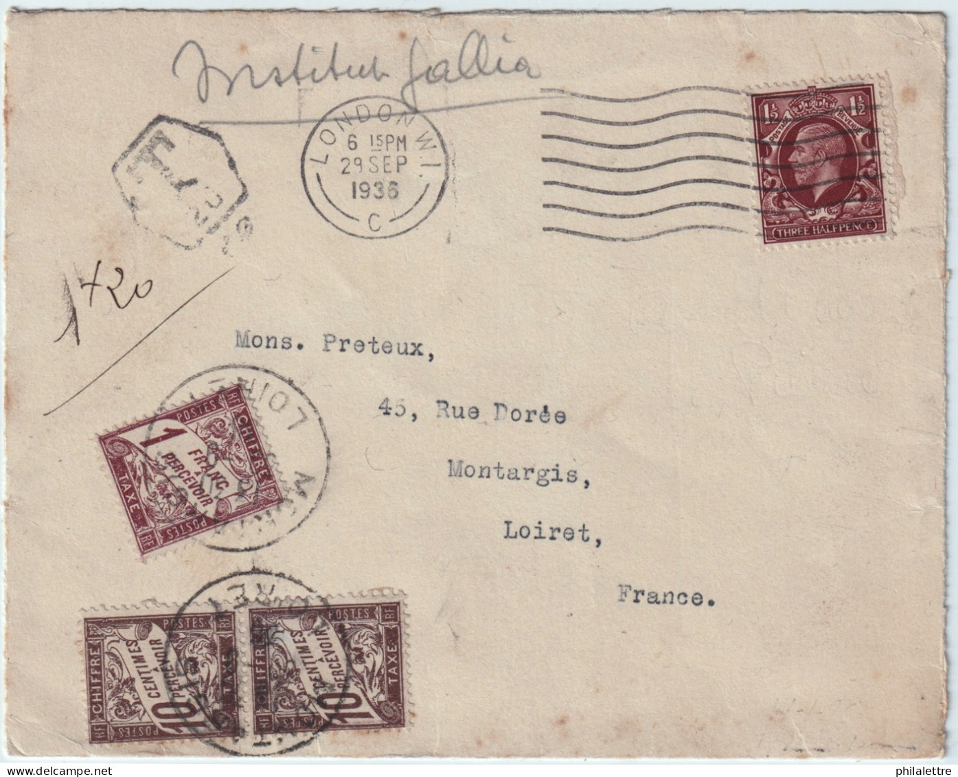 FRANCE - 1936 TAXE 1fr20c (2x10c & 1fr Duval) Sur Enveloppe Sous Affranchie De Londres à Montargis, Loiret - 1859-1959 Covers & Documents