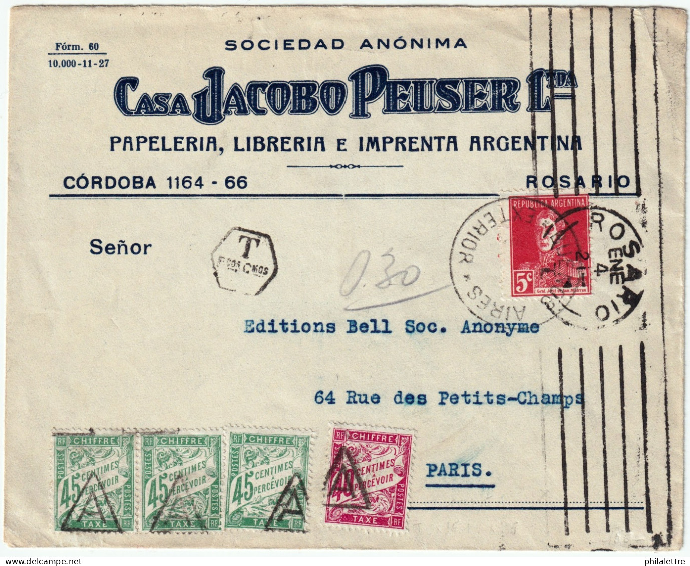 FRANCE - Ca.1930 TAXE 1fr75c (3x45c & 40c Duval Préo "A") Sur LSC D'Argentine à Paris Taxée 30c OR - 1859-1959 Storia Postale