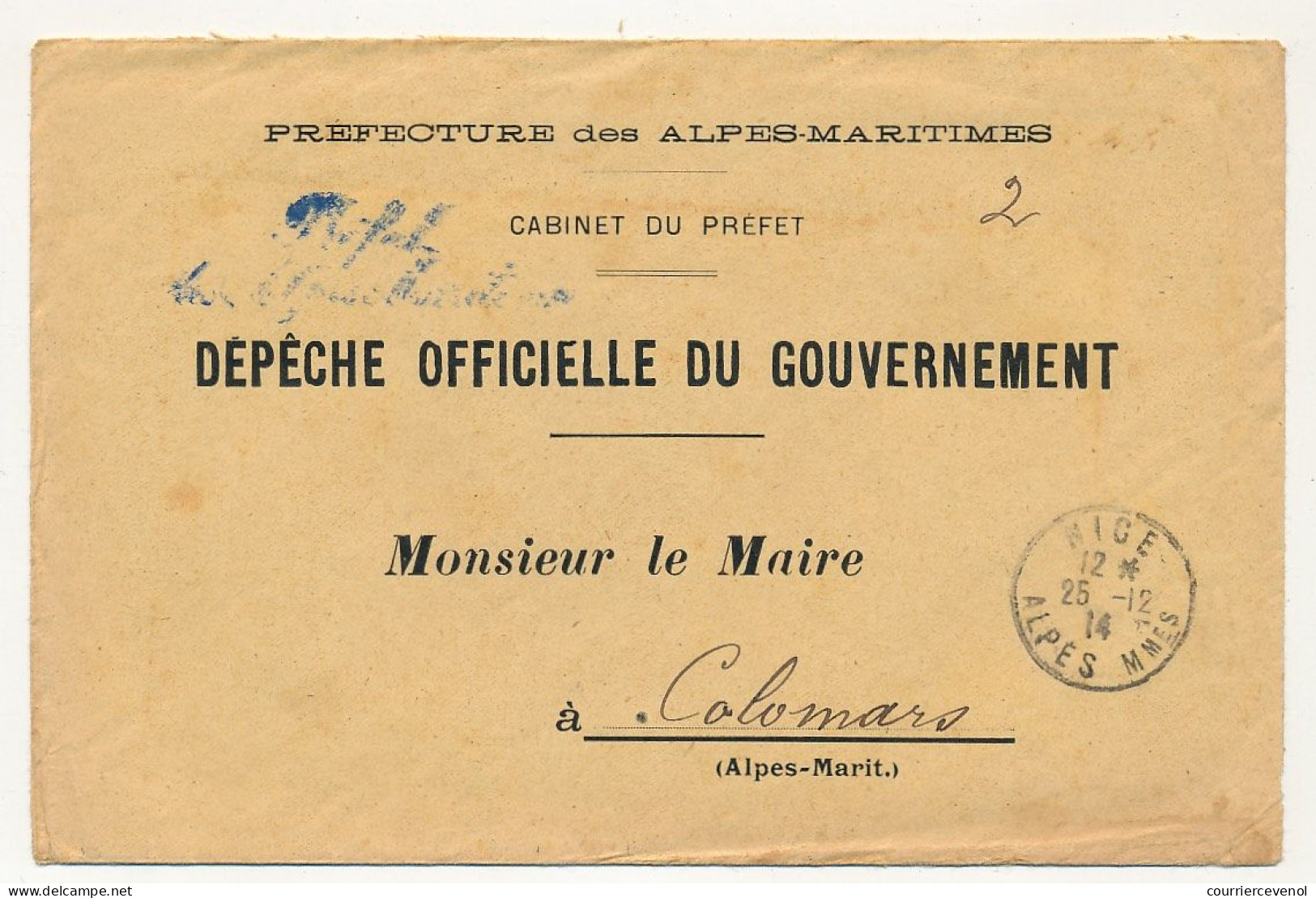 Dépêche Officielle Du Gouvernement - Préfecture Des Alpes Maritimes - NICE 25/12/1914 - Document Inclus - Lettres & Documents