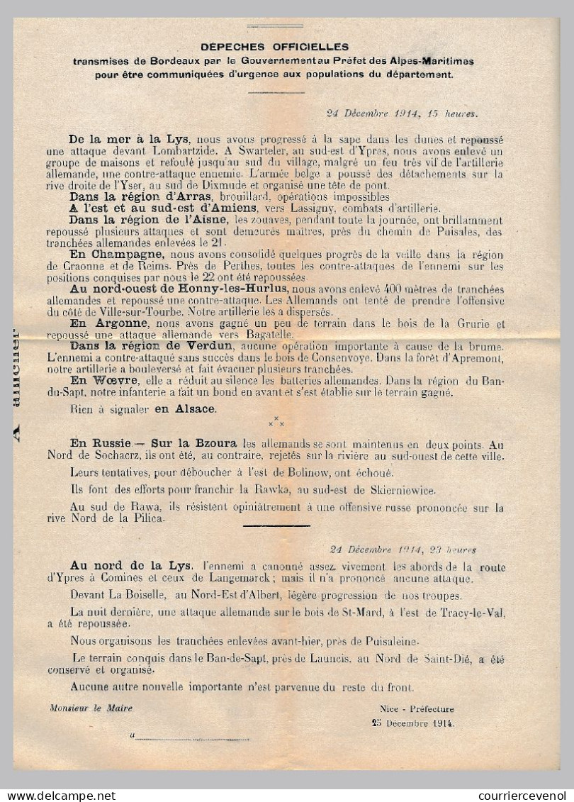 Dépêche Officielle Du Gouvernement - Préfecture Des Alpes Maritimes - NICE 25/12/1914 - Document Inclus - Briefe U. Dokumente