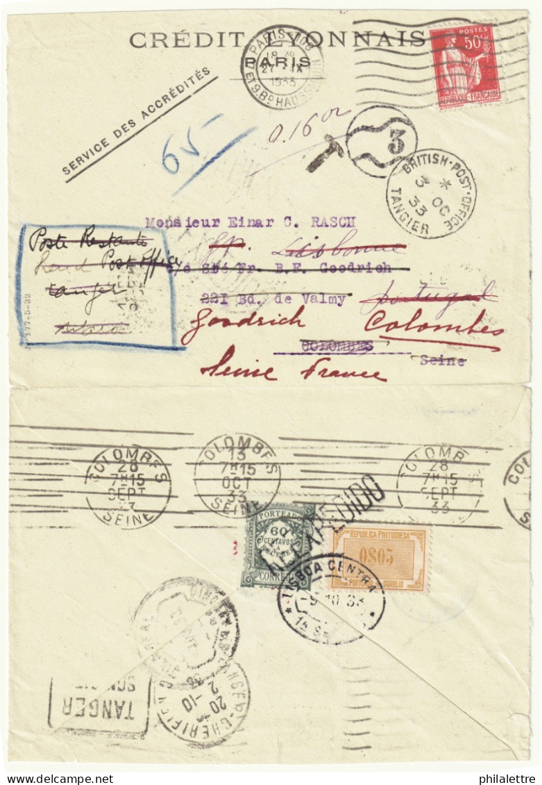 FRANCE 1933 LSC De PARIS à COLOMBES Via TANGER (Français Et Anglais) Et LISBONNE Taxée Au Portugal En Transit (16 Jours) - Cartas & Documentos