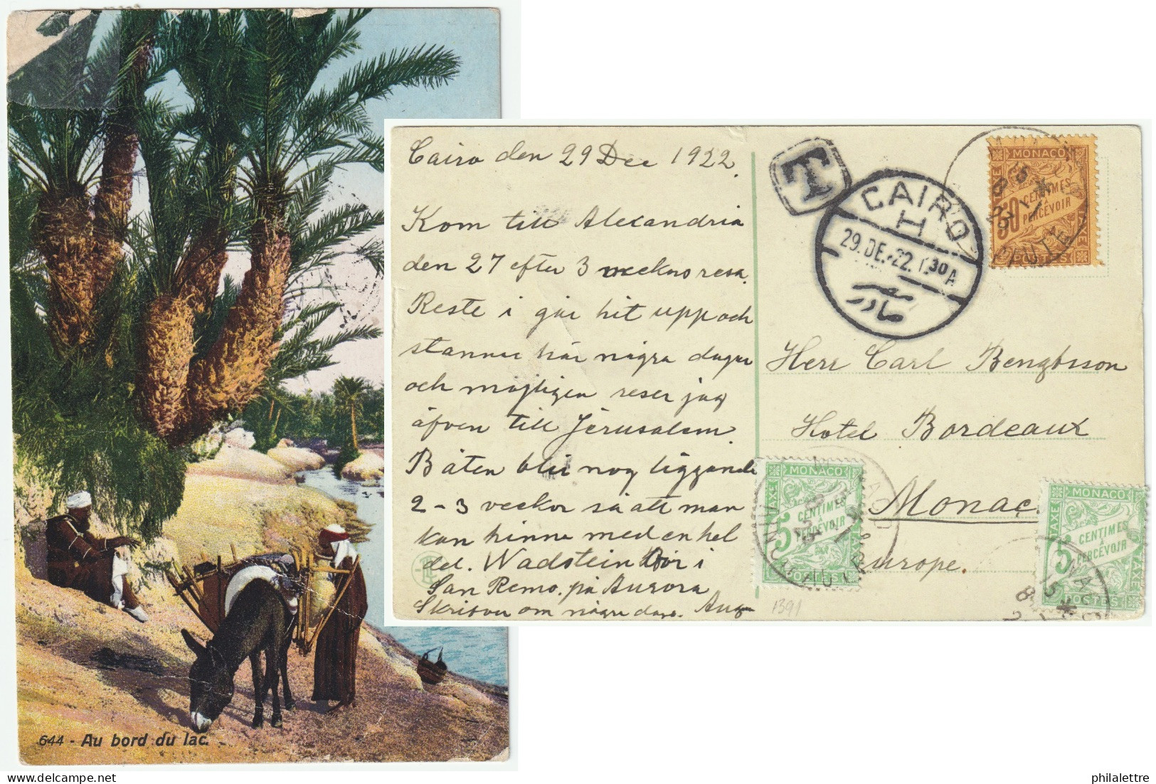 MONACO - 1922/3 - Timbres Taxe 5c (x2) Et 50c Duval Sur CP Non Affranchie Du CAIRE, Egypte à Monaco - Portomarken