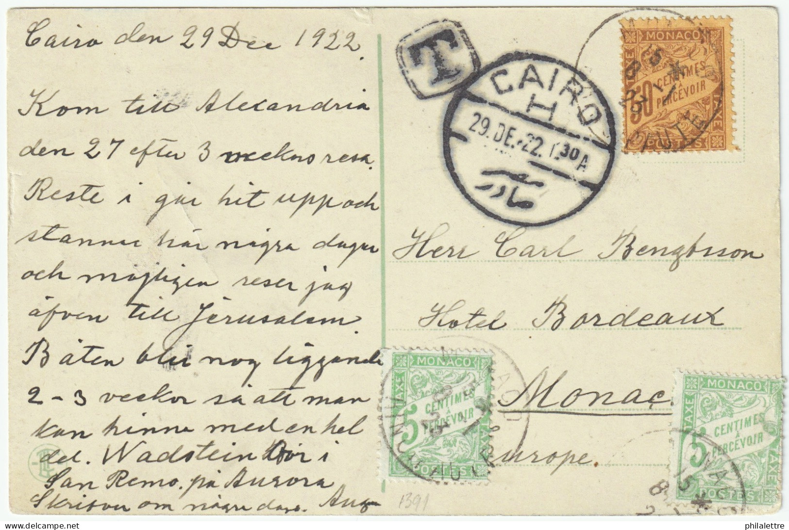 MONACO - 1922/3 - Timbres Taxe 5c (x2) Et 50c Duval Sur CP Non Affranchie Du CAIRE, Egypte à Monaco - Segnatasse