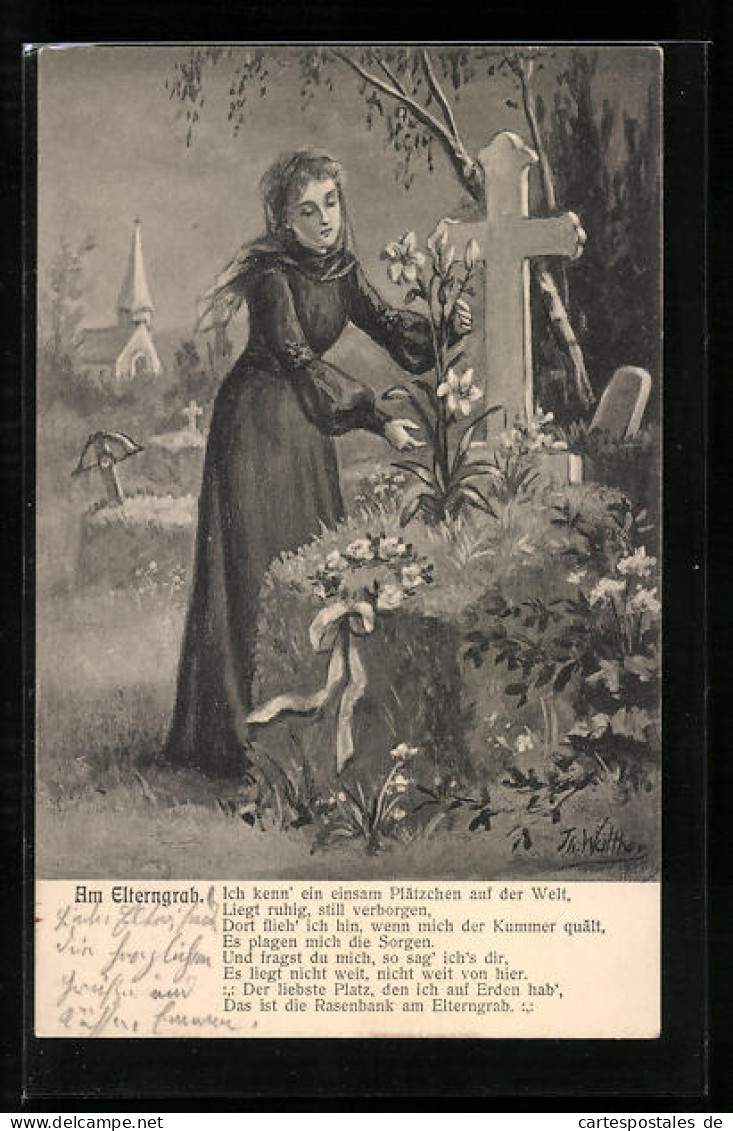 AK Frau Steht Am Elterngrab  - Begrafenis
