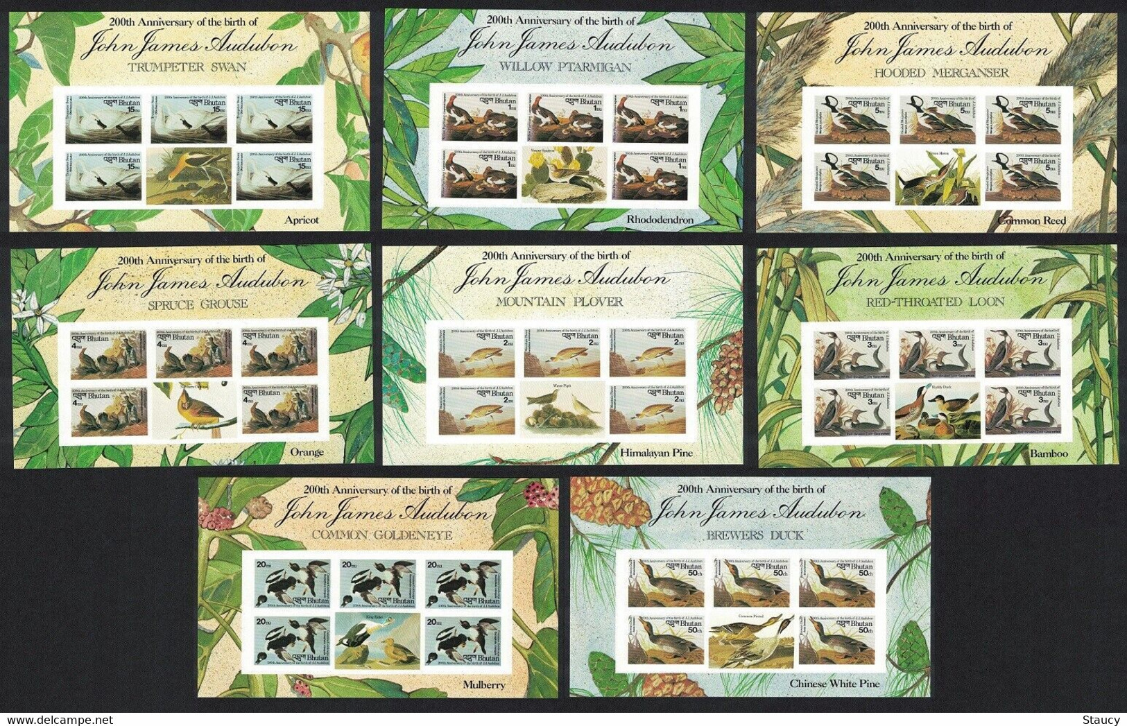 Bhutan 1985 Birds Audubon Complete Set Of 8 SS "Imperf" MNH As Per Scan - Patos