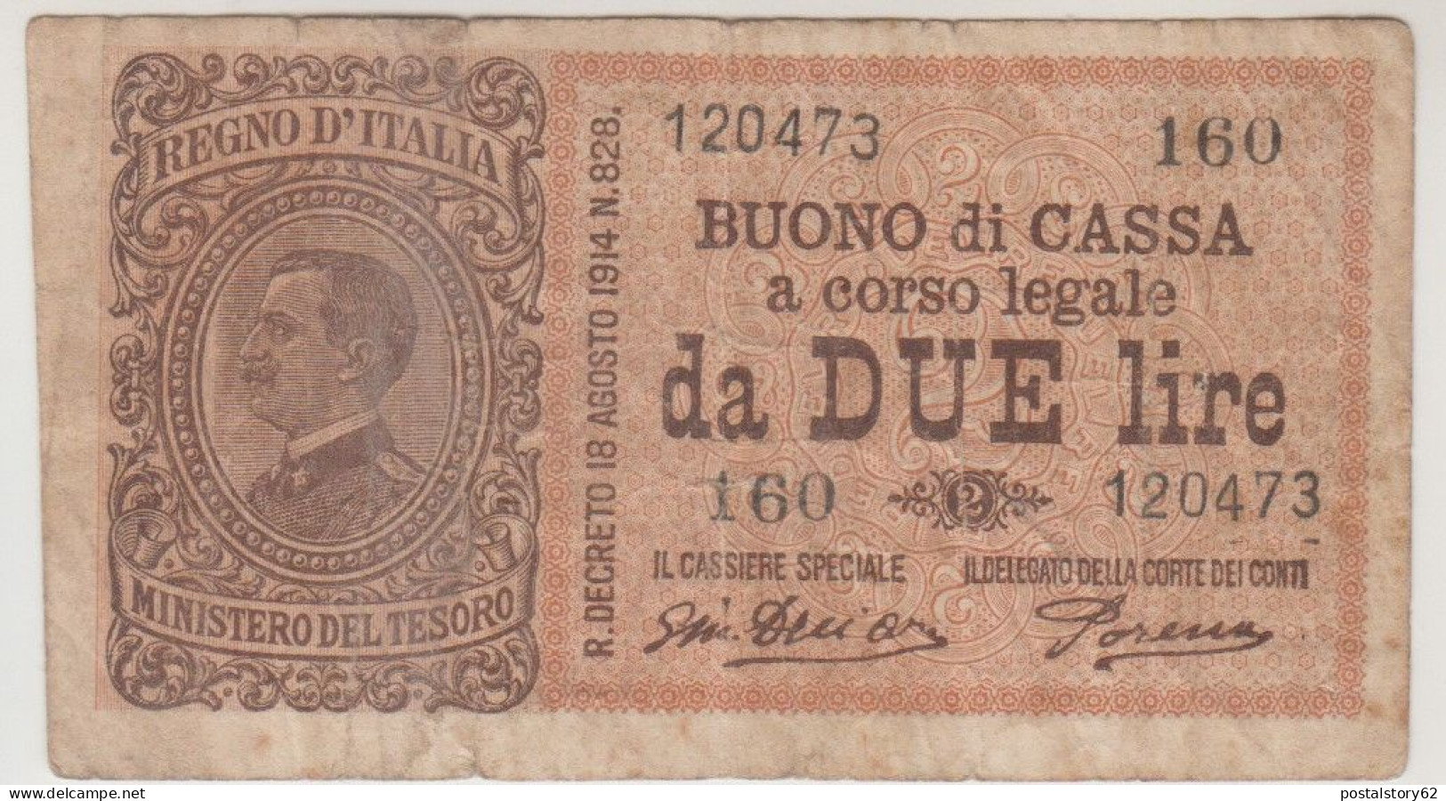 Regno D'Italia, Vittorio Em. III° - Buono Di Cassa A Corso Legale Da Due Lire - Giu. Dell' Ara  /  Porena . - Italia – 2 Lire